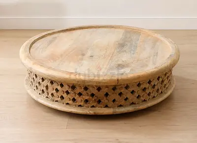 Marina Home Round Carved Low Coffee Table - Solid Light Wood