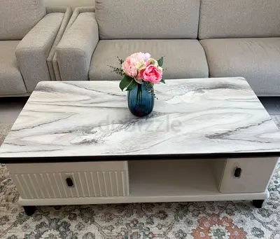 Cream Storage Coffee Table with Marble-Effect Top