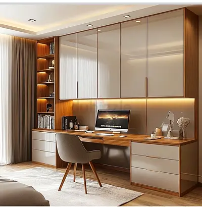 Wooden Home Office Wall Unit with Overhead Cabinets and Drawers