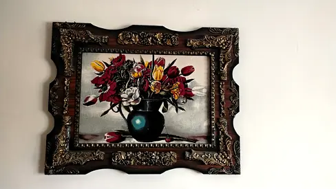 Framed Floral Painting with Ornate Wooden Frame