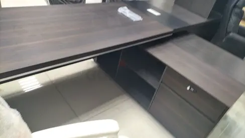 L-shaped executive office desk with storage drawers (dark wood)
