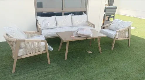 4-piece Outdoor Lounge Sofa Set with Coffee Table — Light Wood  Rope Design