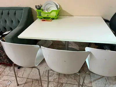 White Square Dining Table with Pedestal Base and chairs — Good Condition