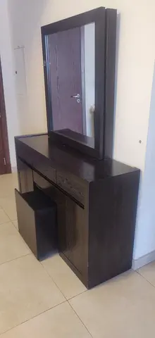 Dark Wood Dressing Table with Mirror and Stool - Good Condition