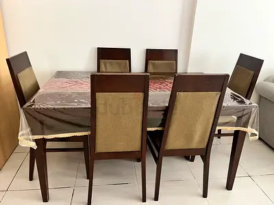 Solid Wood 6-Seater Dining Table with Upholstered Chairs