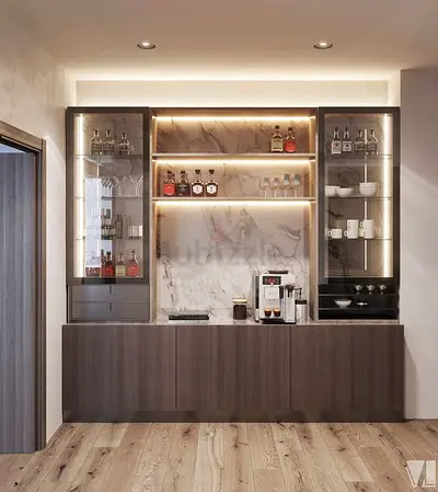 Modern Built-in Home Bar Cabinet with Glass Display and LED Lighting
