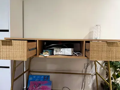 Wooden Desk with Wicker Drawers and Brass Legs - Good Condition