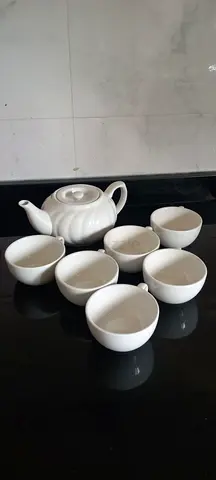 White Ceramic Teapot with Matching Cups - Good Condition