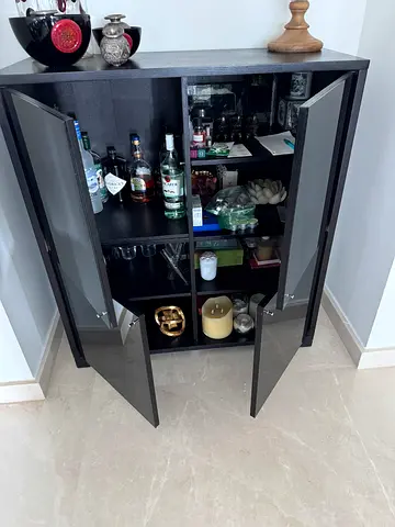 2 Compact Black Wooden Home Bar Cabinet black one with Glass Doors