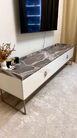 Modern Marble-Top TV Console / Media Unit - White  Grey