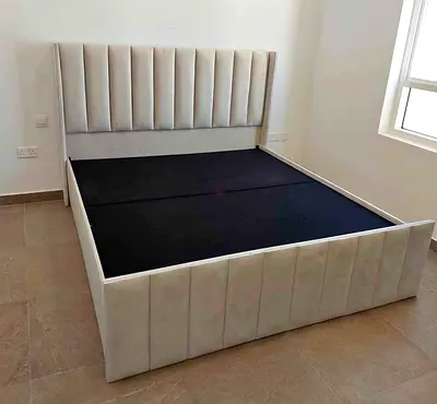 Brand New Gray Upholstered King Size Bed Frame with Tall Padded Headboard