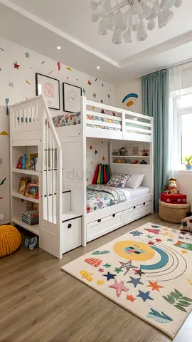 White wooden bunk bed with storage and drawers — great condition