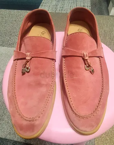 Original Loro Piana Shoes.Pink Suede Loafers with Charm. and Blue Detail