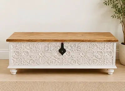 Hand-carved White Wooden Storage Chest with Natural Top from Marina Home