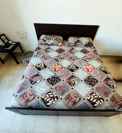 Double Wooden Bed with Headboard - Good Condition and drawer slightly damaged