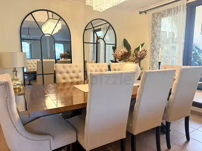 Solid Wood Dining Table with 8 Beige Upholstered Chairs and 2 chairs from marina