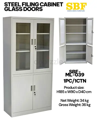 Steel Filing Cabinet with Glass Upper Doors (H185 x W90 x D40 cm)
