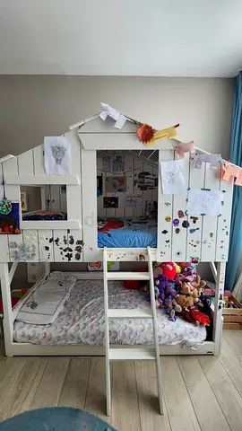 Ebarza - White wooden loft bed with playhouse design and mattress — good condition