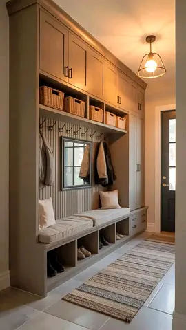Built-in Mudroom Hallway Storage Bench with Overhead Cabinets