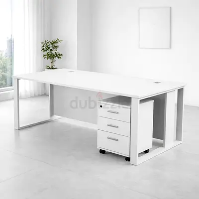 White Manager Table with Drawers – Modern Office Table 140 cm with Cable Management Tray