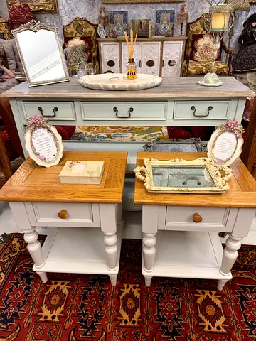 Pair of White Wooden Side Tables with Oak Tops - Classic Design
