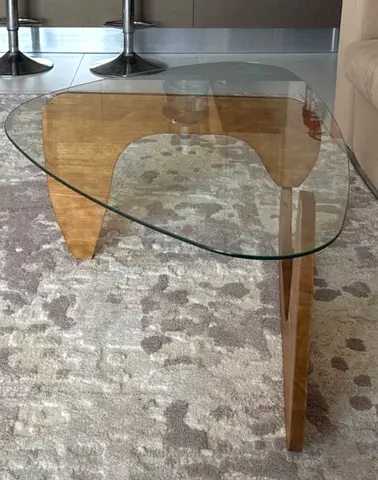 Modern Noguchi Style Glass Coffee Table with Wood Base