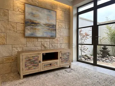 Rustic Wooden TV Unit with Decorative Inlay