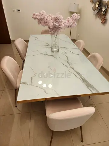 LEAVING THE COUNTRY Marble-top Dining Table with 6 Pink Velvet Chairs - Excellent Condition.