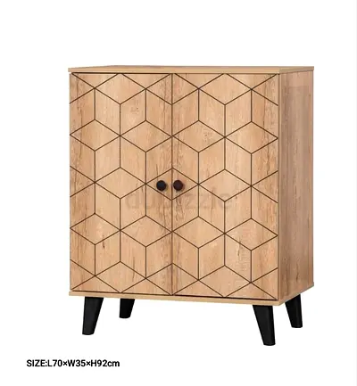 Small Wooden Storage Cabinet with Geometric Pattern - 2 Doors
