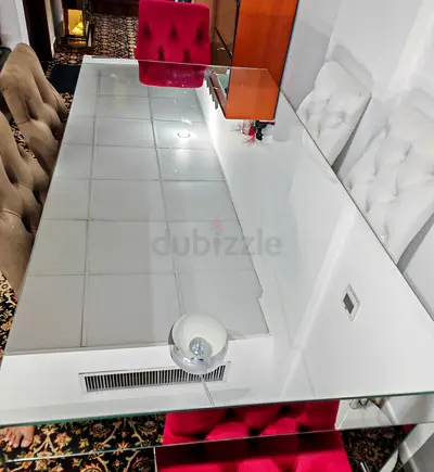 Mirror Glass Dining Table - United Furniture with 6 multi Colour upholstered Chairs set - Good Cond.