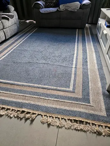 Large Blue  Beige Striped Rug with Fringe - Excellent Condition