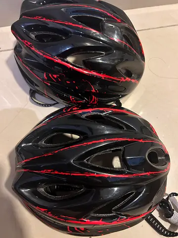 2x Two Black  Red Bicycle Helmets - Used, Good Condition