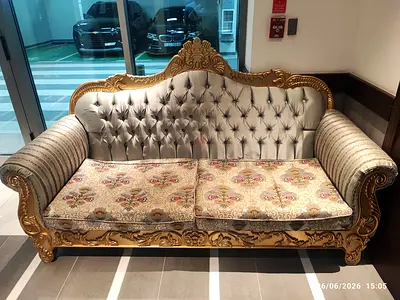 Ornate Gold-Trimmed 4-Seater Sofa with Tufted Back