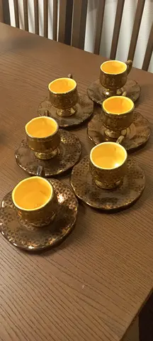 Set of 6 Decorative Turkish Coffee Cups with Saucers - Gold Tone
