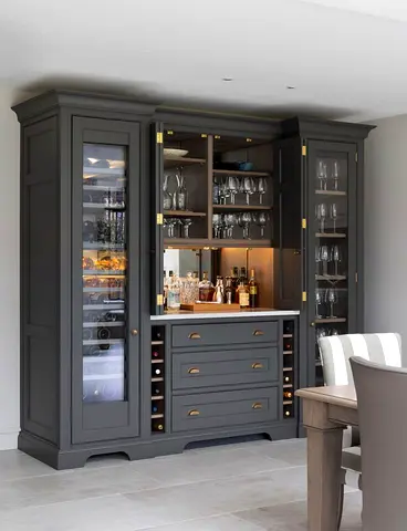 Dark Grey Wooden Drinks Cabinet with Glass Doors and Wine Storage