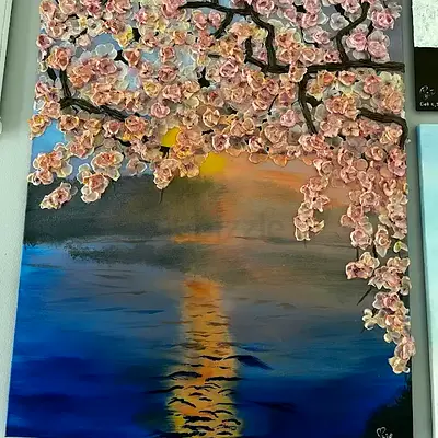 3D Textured Cherry Blossom Landscape Painting