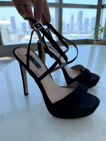 Black suede high-heel platform sandals, gently used, Office London brand size 38