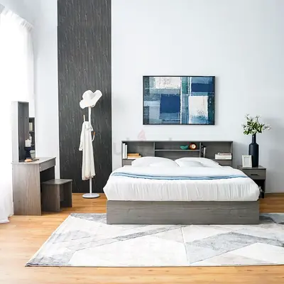 Gamorah 180x200 King Bed Set + Dresser and Stool - Warm Grey