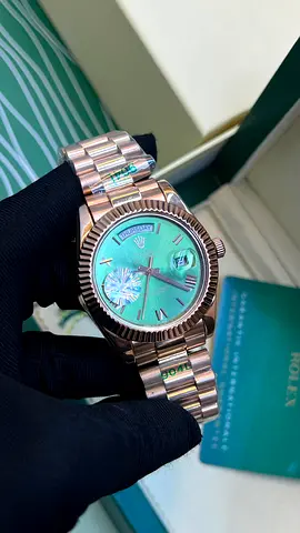 Rolex Day-Date style mens watch - rose gold tone with green dial