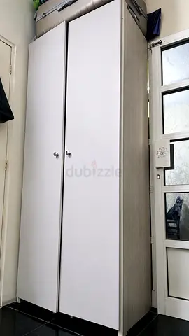 Two-door freestanding wardrobe / armoire - light wood with white doors