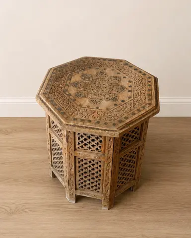 Marina Home Hand-carved Octagonal Wooden Side Table with Inlay Detail