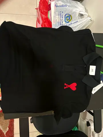 Black AMI Paris Polo Shirt with Red Heart Logo - Size Tag Attached