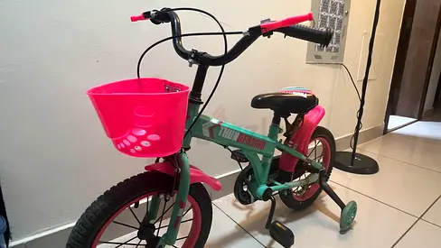 Pink and Green Kids Bicycle with Front Basket and Training Wheels