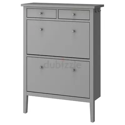 Slim Grey Shoe Cabinet with Two Drop-Down Compartments and Drawers