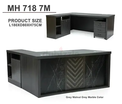 180Cm L-Shaped Executive Office Desk MH 718 - Grey Walnut with Marble Finish (180x80x75cm)
