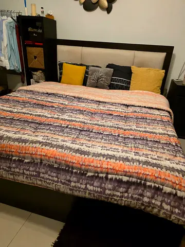 King size bed frame with padded headboard dark wood customized with storage facility- Hardly used.