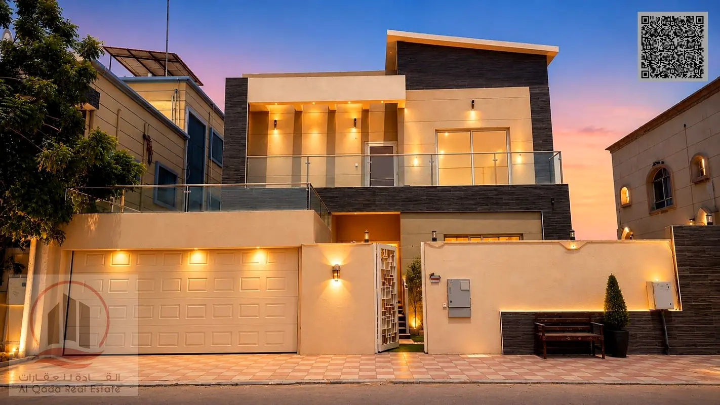 Villa for sale in Ajman, Al Yasmin area. Electricity and air conditioning included. 5 master bedrooms, majlis, living room, and maid's room. Freehold