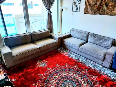 Urgently Selling: Pair of 3-seater sofas in good condition - neutral grey fabric