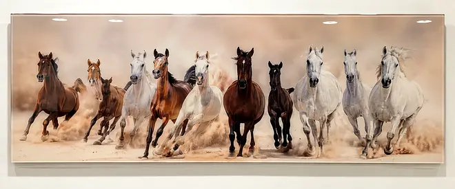 Glass Framed Running Horses Wall Art – 180cm x 60cm (approx.)
