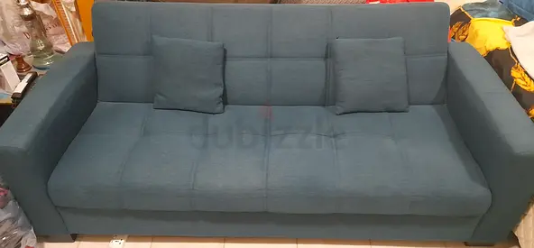 Modern Teal Fabric Sofa Bed with Cushions very good condition, dark blue  210cm, width 110cm